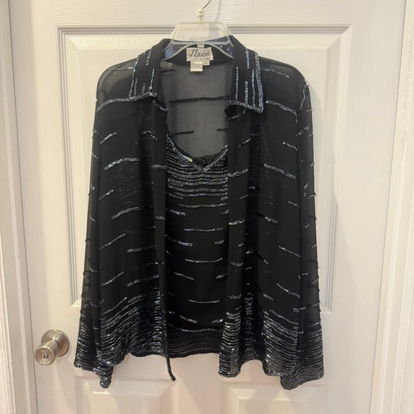 J. Laxmi Tops - J. Luxmi New York Size L Beaded Sheer Blouse Tank Top Set Black Party Holiday‎